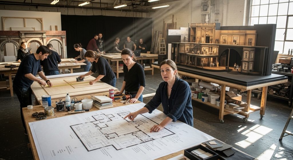 Equipe de cenógrafos e designers de produção trabalhando em um amplo estúdio. Em primeiro plano, uma profissional analisa uma planta técnica detalhada sobre uma mesa, enquanto ao fundo outros membros da equipe constroem estruturas e uma grande maquete arquitetônica de um teatro clássico com múltiplos andares