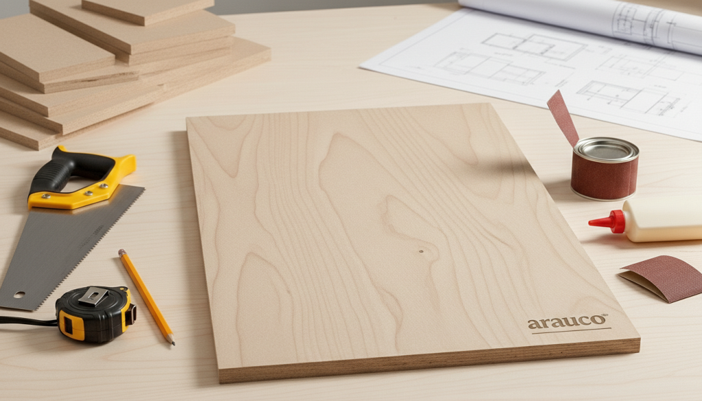 Painel de MDF da marca Arauco com textura de madeira clara natural posicionado sobre uma bancada de trabalho. Ao redor da peça, ferramentas de marcenaria como serrote, trena amarela, lápis, cola branca e lixa, além de plantas técnicas ao fundo, simbolizando o planejamento de móveis planejados.