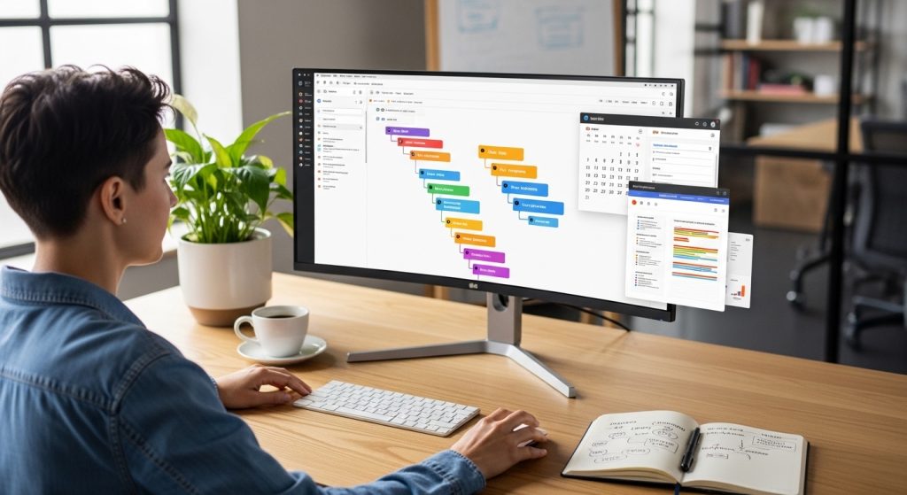 Visão traseira de uma profissional em seu home office utilizando um monitor ultrawide para planejamento estratégico. A tela exibe um fluxograma colorido de cronograma e janelas flutuantes de calendário e listas de tarefas. Sobre a mesa de madeira, há um caderno de anotações aberto com mapas mentais, uma xícara de café e um teclado minimalista branco.